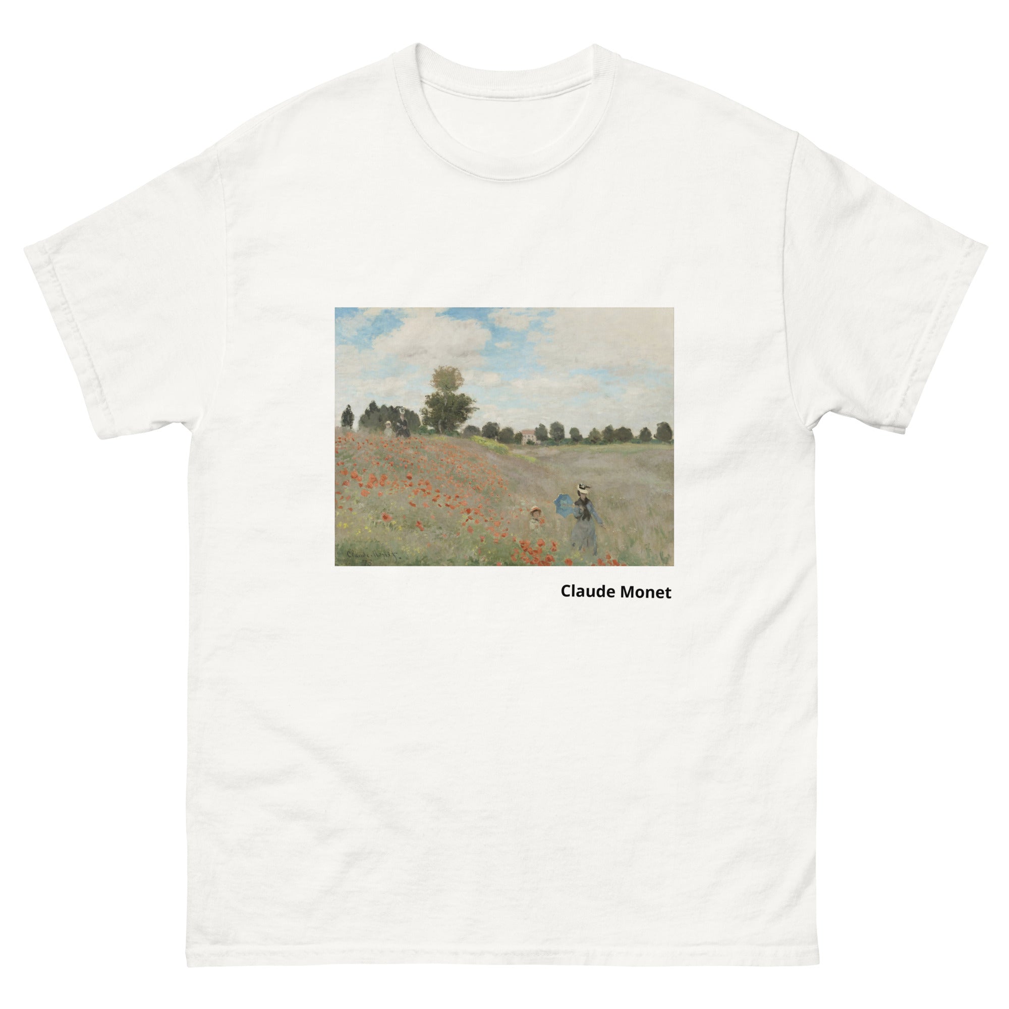 Unisex classic tee featuring Monet's impressionist painting of a red poppy field in summer