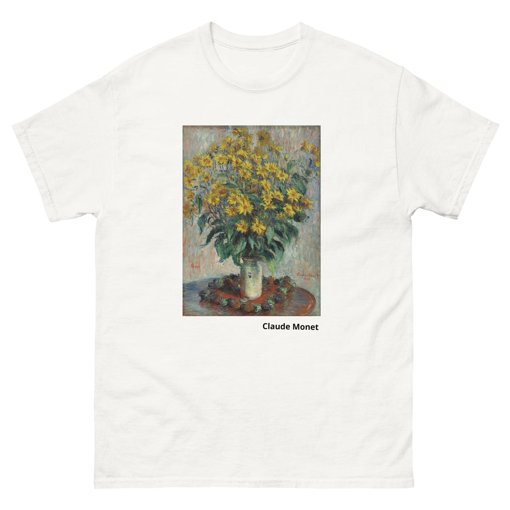 Unisex classic tee featuring Monet's impressionist painting of Jerusalem artichoke flowers in bloom