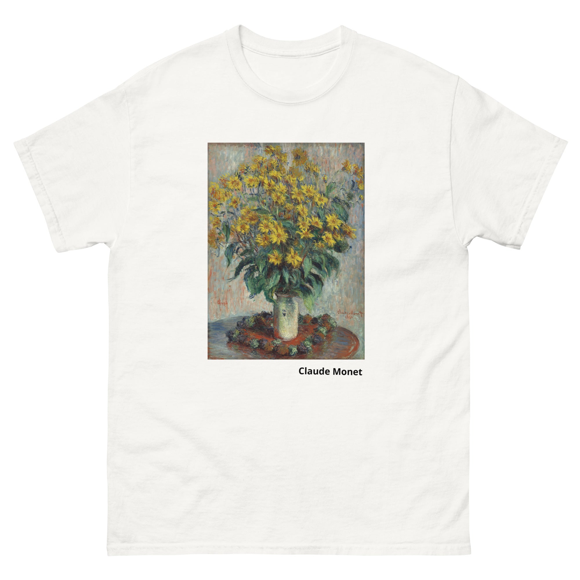 Unisex classic tee featuring Monet's impressionist painting of Jerusalem artichoke flowers in bloom