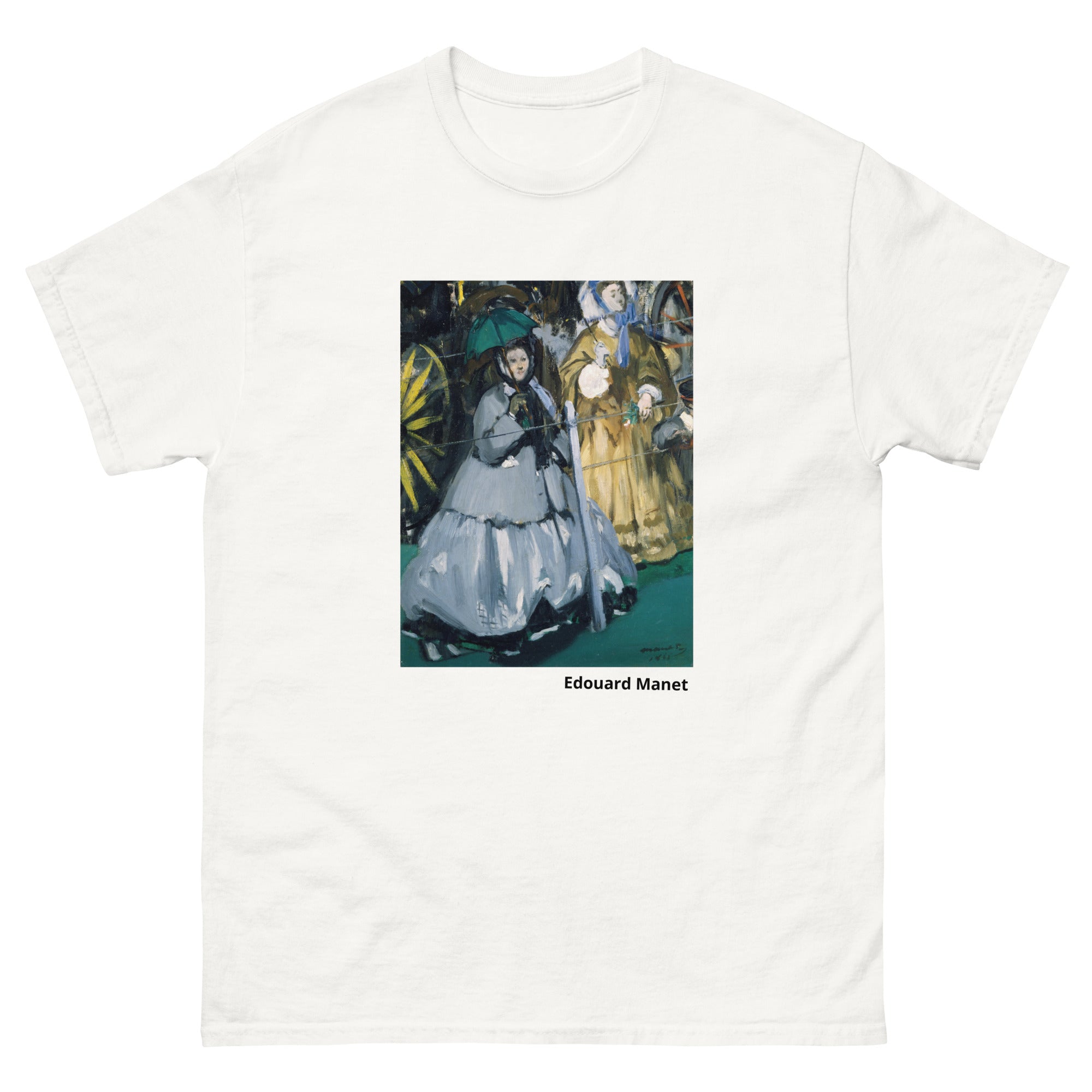 Unisex classic tee featuring Manet's impressionist painting of elegantly dressed women at the races