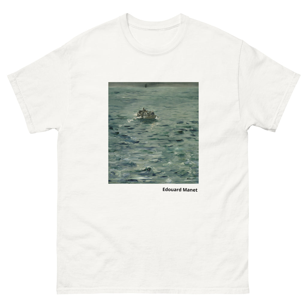 Unisex classic tee featuring Manet's dramatic painting of Rochefort's daring sea escape