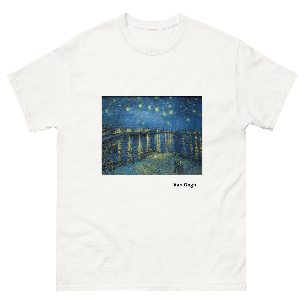 Unisex classic tee featuring Van Gogh's iconic Starry Night with swirling sky and village