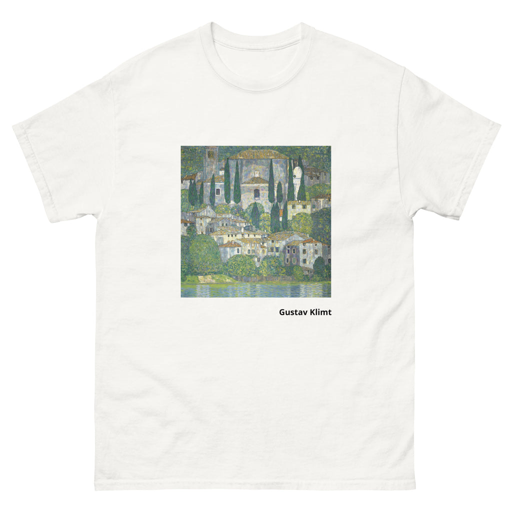 Unisex classic tee featuring Klimt's impressionist painting of a church in Cassone by the lake