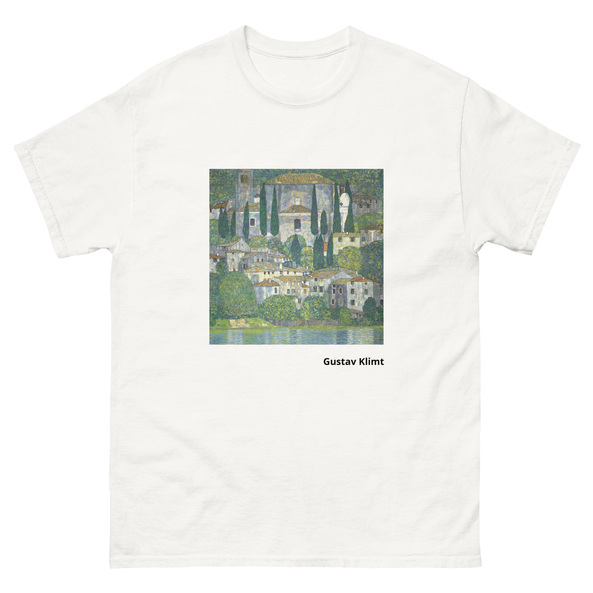 Unisex classic tee featuring Klimt's impressionist painting of a church in Cassone by the lake