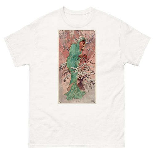 Unisex classic tee featuring Mucha's Art Nouveau illustration of Winter as a draped female figure