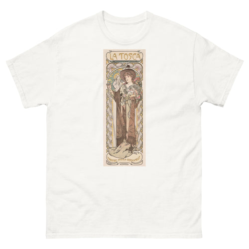 Unisex classic tee featuring Mucha's Art Nouveau theatre poster for Tosca with Sarah Bernhardt