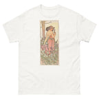Unisex classic tee featuring Mucha's Art Nouveau decorative panel of a woman with a carnation