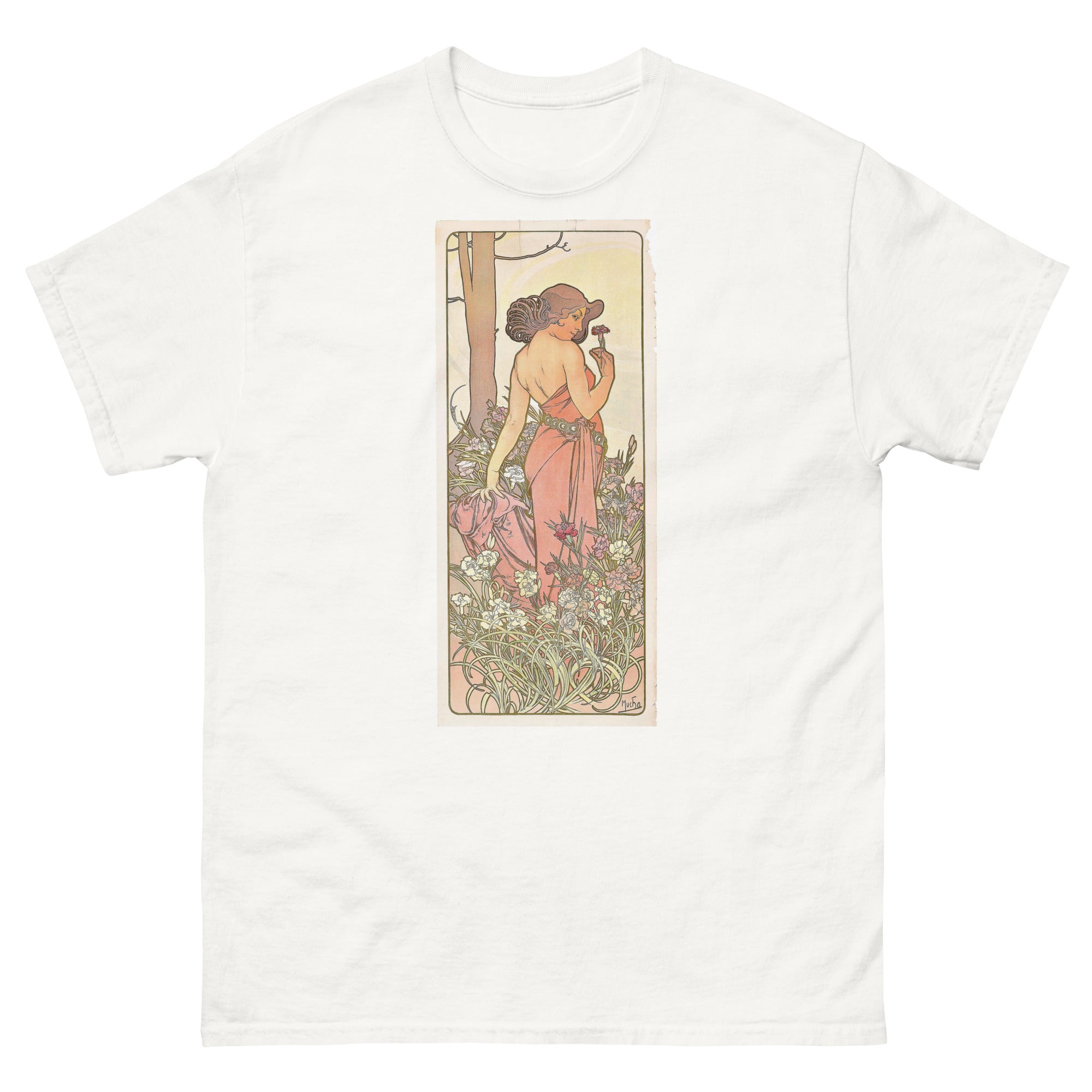 Unisex classic tee featuring Mucha's Art Nouveau decorative panel of a woman with a carnation