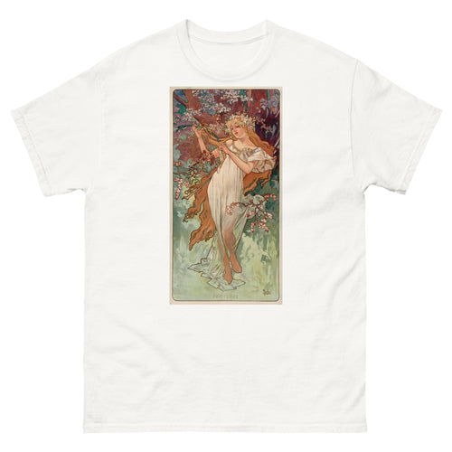 Unisex classic tee featuring Mucha's Art Nouveau Printemps panel of a woman representing spring