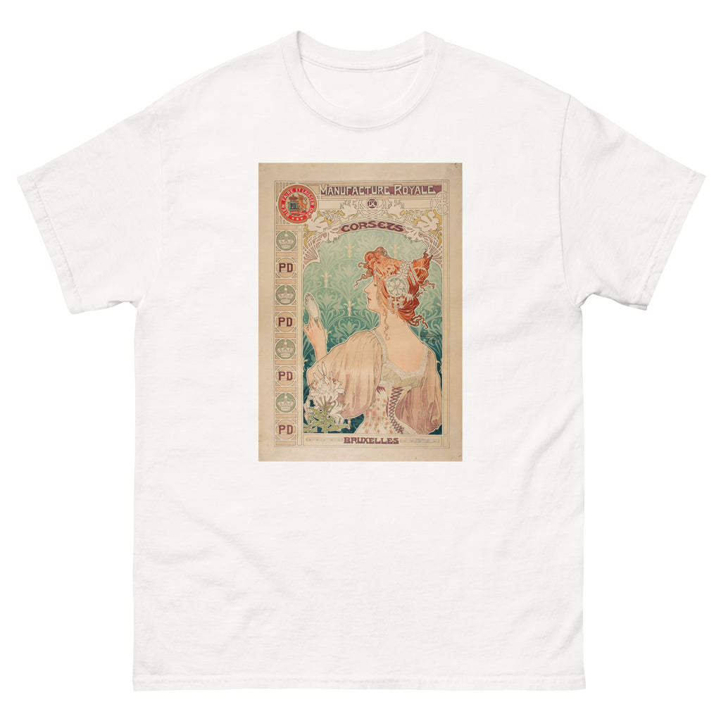 Unisex classic tee featuring Mucha's Art Nouveau advertising poster for Royale Corsets