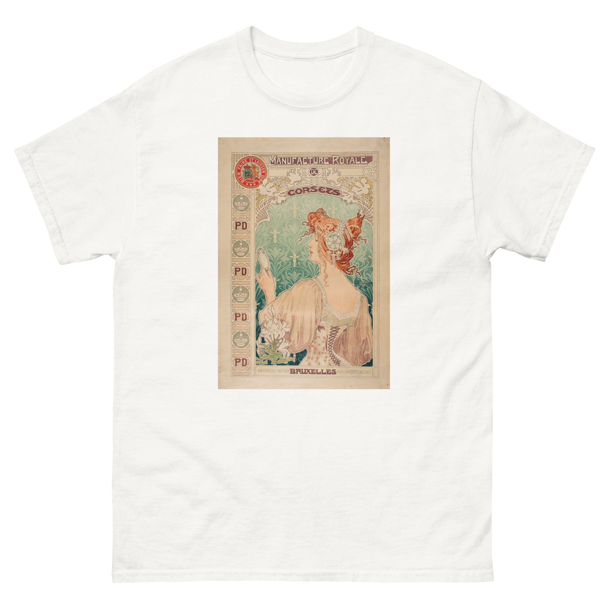Unisex classic tee featuring Mucha's Art Nouveau advertising poster for Royale Corsets