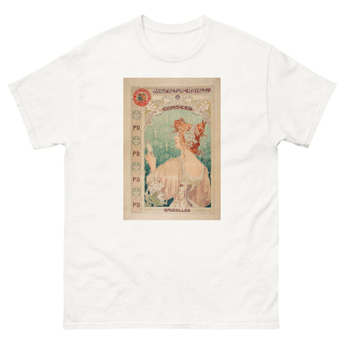 Unisex classic tee featuring Mucha's Art Nouveau advertising poster for Royale Corsets