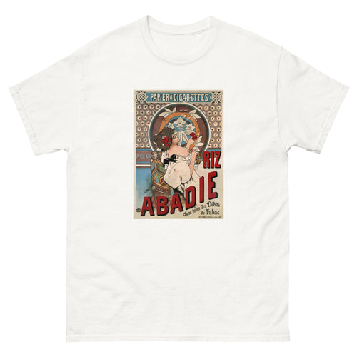 Unisex classic tee featuring Mucha's Art Nouveau Riz Abadie cigarette papers advertising poster