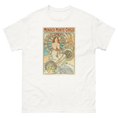 Unisex classic tee featuring Mucha's Art Nouveau travel poster for Monaco and Monte Carlo