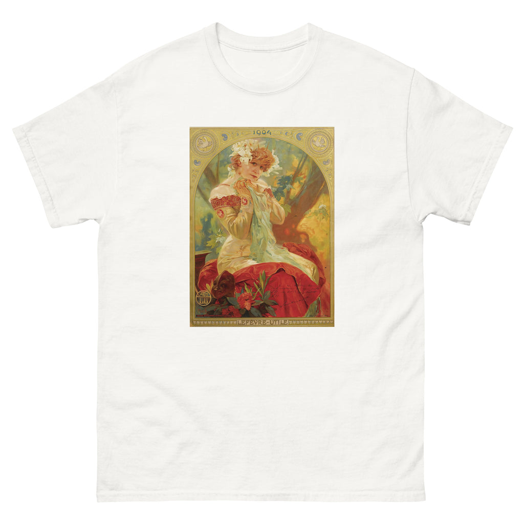 Unisex classic tee featuring Mucha's Art Nouveau Lefèvre-Utile biscuit poster with Sarah Bernhardt