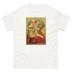 Unisex classic tee featuring Mucha's Art Nouveau Lefèvre-Utile biscuit poster with Sarah Bernhardt