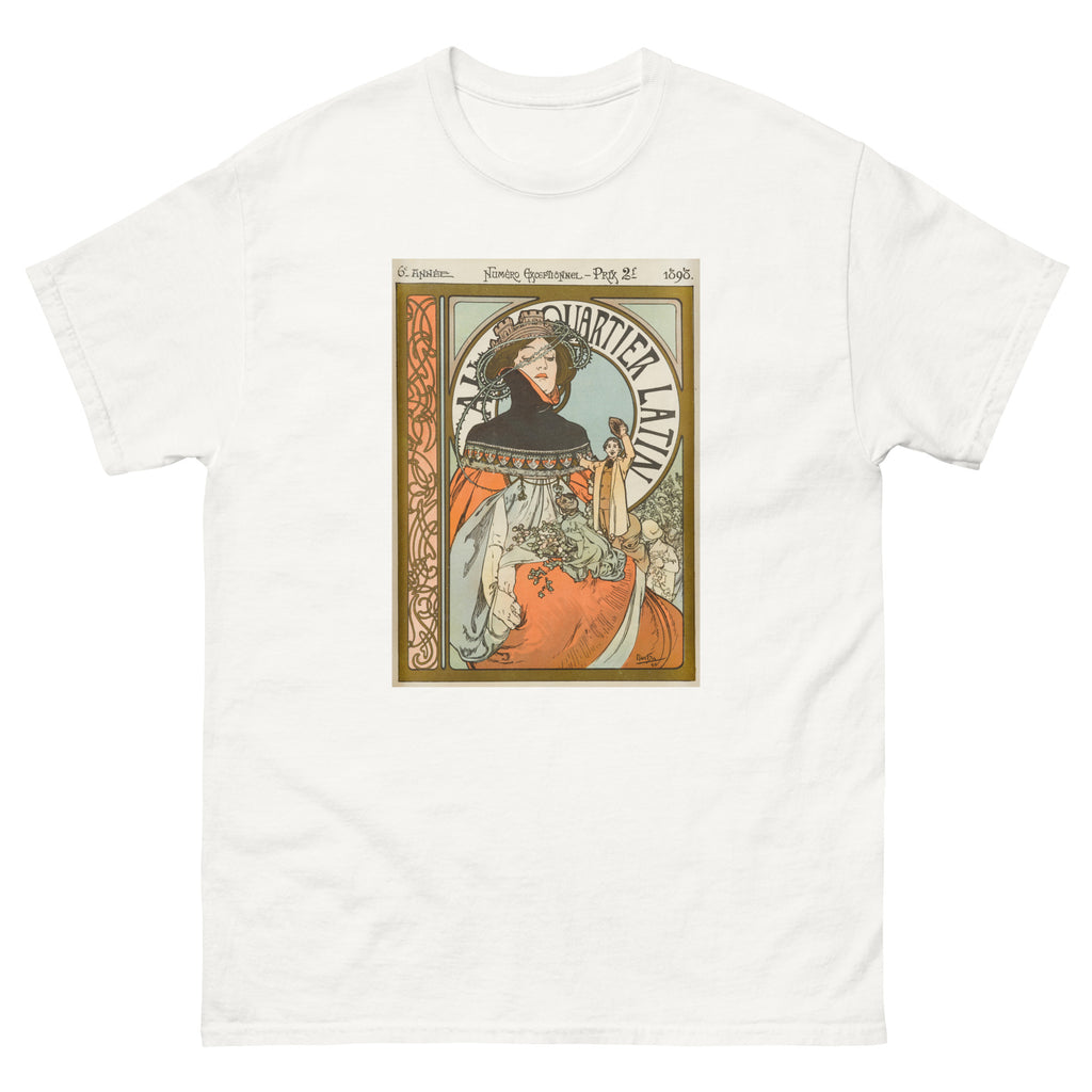 Unisex classic tee featuring Mucha's Art Nouveau illustrated poster for the Quartier Latin journal