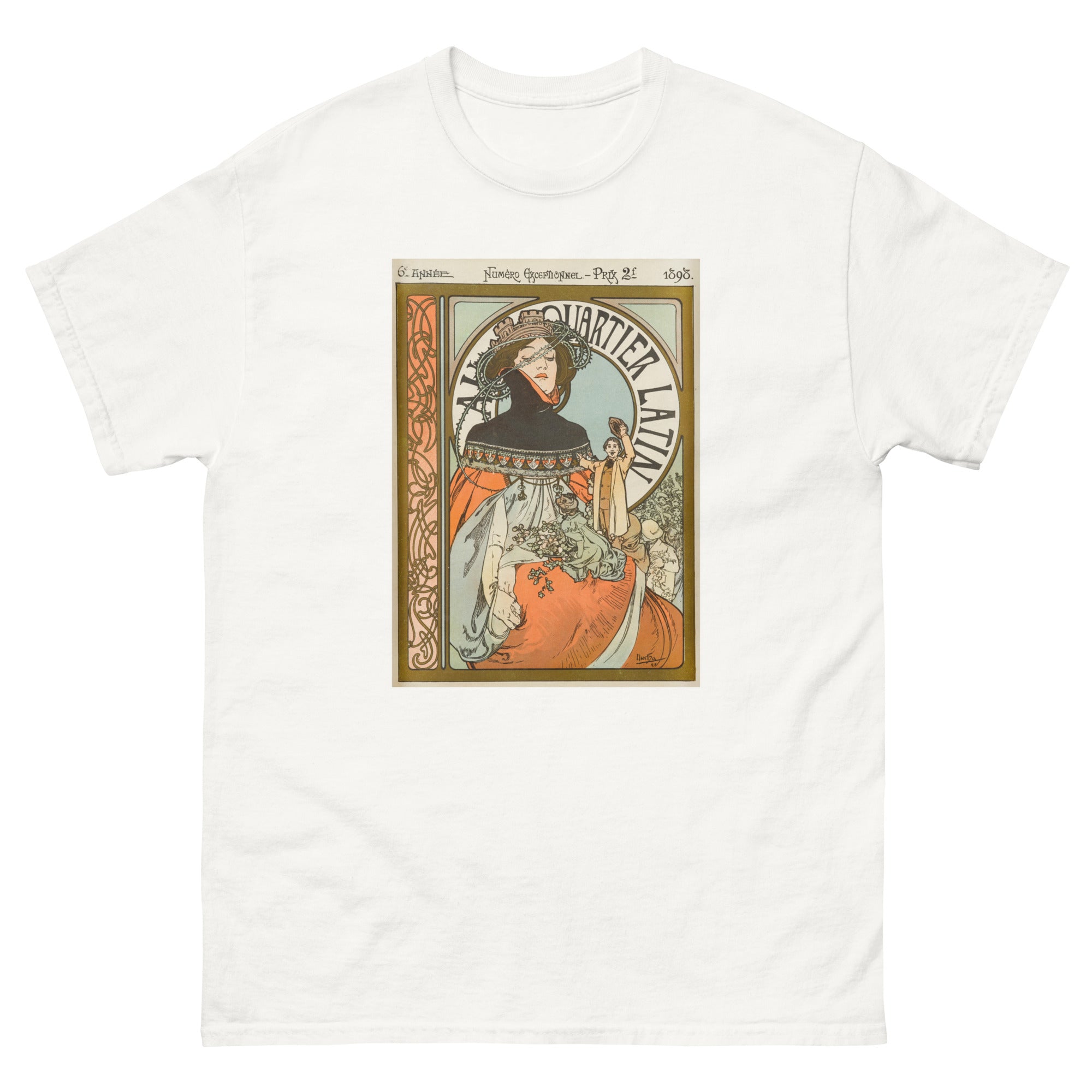 Unisex classic tee featuring Mucha's Art Nouveau illustrated poster for the Quartier Latin journal