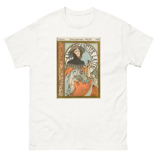Unisex classic tee featuring Mucha's Art Nouveau illustrated poster for the Quartier Latin journal