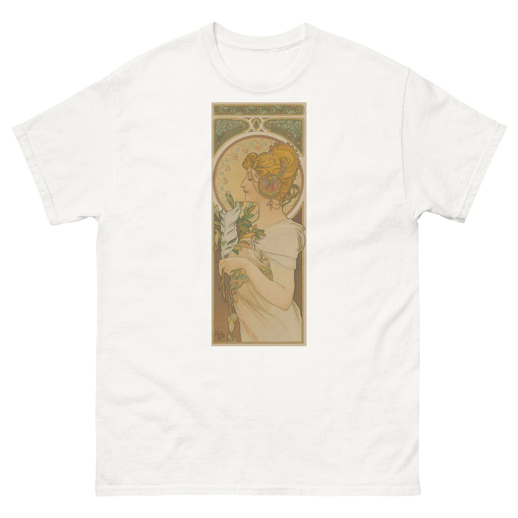 Unisex classic tee featuring Mucha's Art Nouveau La Primavère decorative panel of a woman in flowers