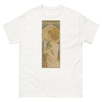 Unisex classic tee featuring Mucha's Art Nouveau La Primavère decorative panel of a woman in flowers
