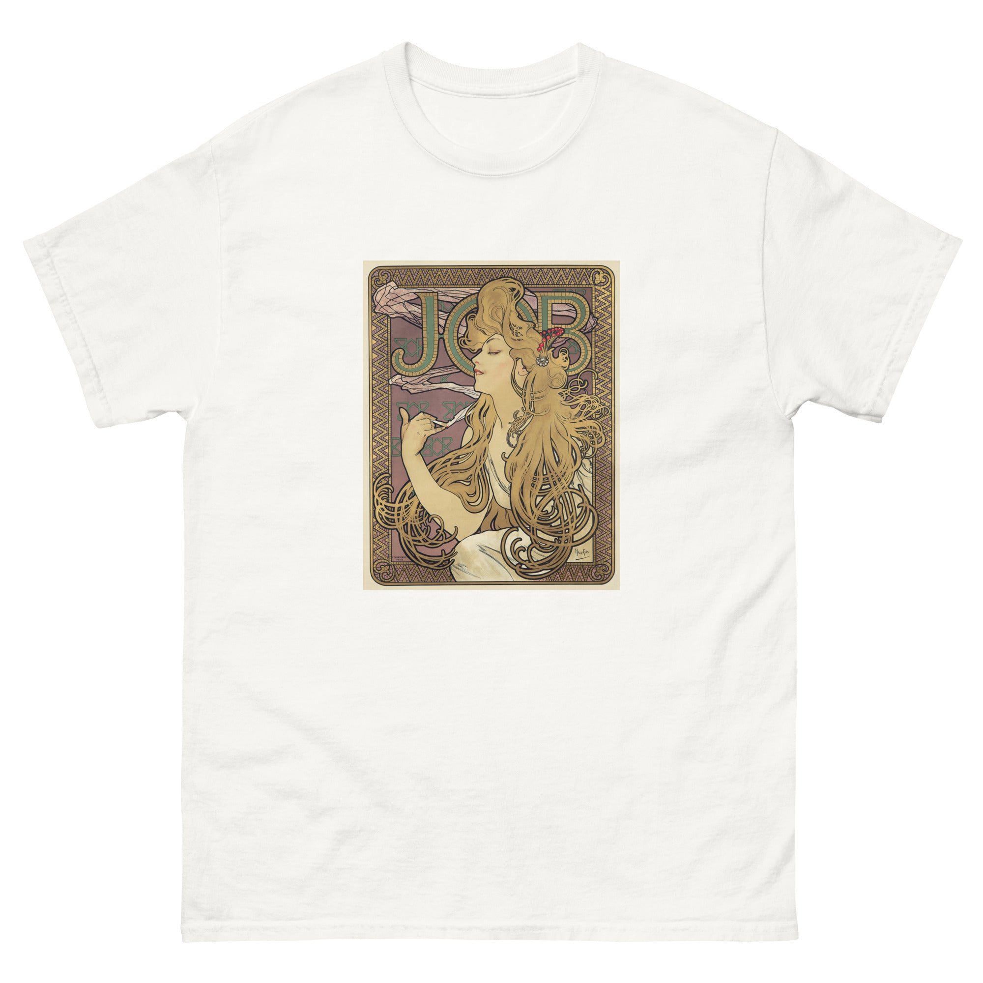 Unisex classic tee featuring Mucha's Art Nouveau Job cigarette papers advertising poster