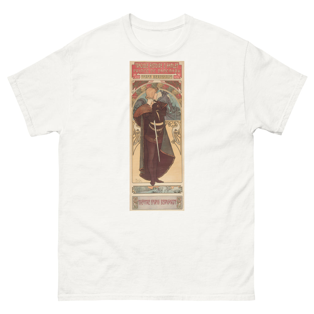 Unisex classic tee featuring Mucha's Art Nouveau theatre poster for Shakespeare's Hamlet