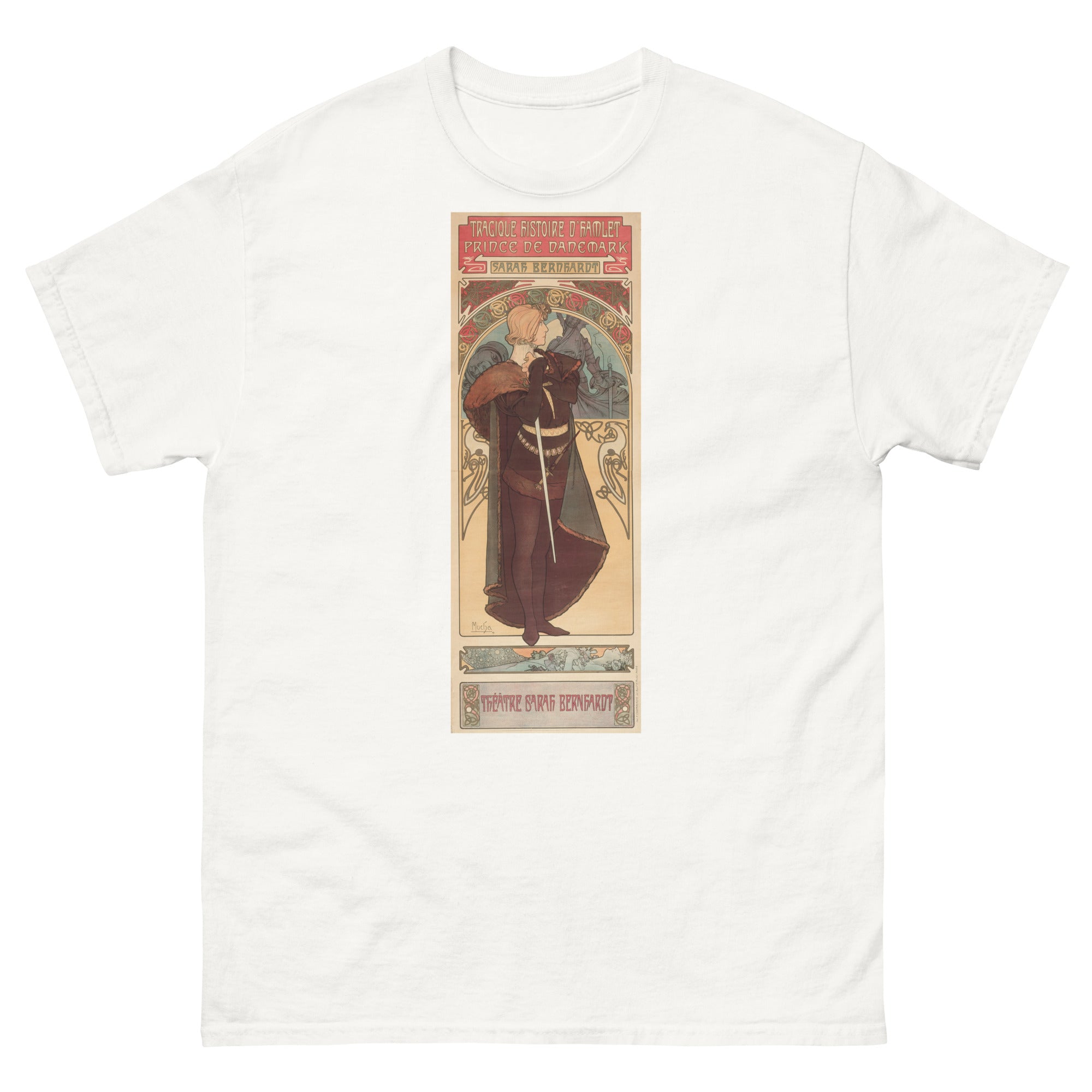 Unisex classic tee featuring Mucha's Art Nouveau theatre poster for Shakespeare's Hamlet