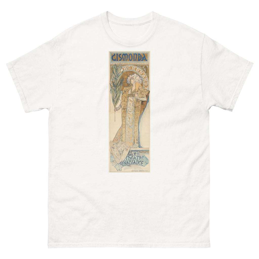 Unisex classic tee featuring Mucha's Art Nouveau theatre poster Gismonda with Sarah Bernhardt