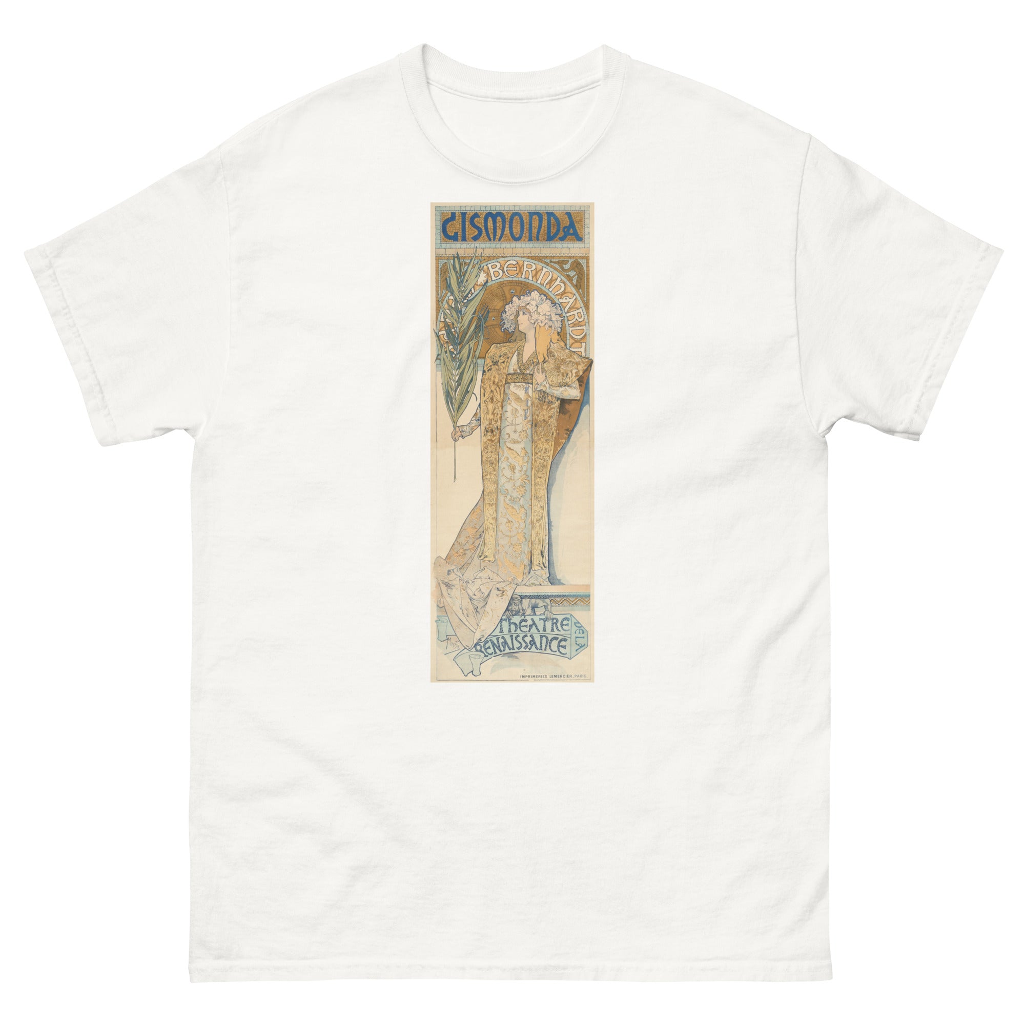 Unisex classic tee featuring Mucha's Art Nouveau theatre poster Gismonda with Sarah Bernhardt