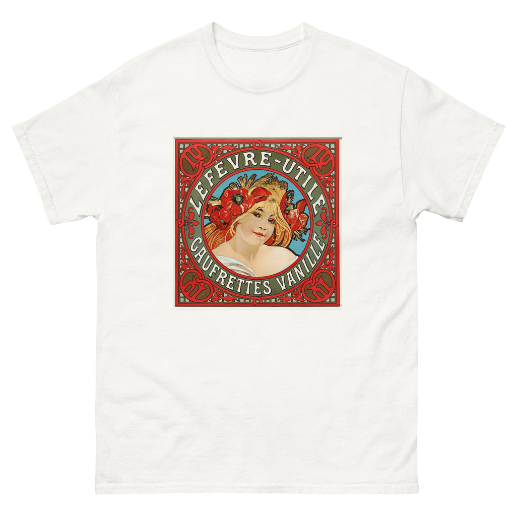 Unisex classic tee featuring Mucha's Art Nouveau Lefèvre-Utile vanilla wafer biscuit poster