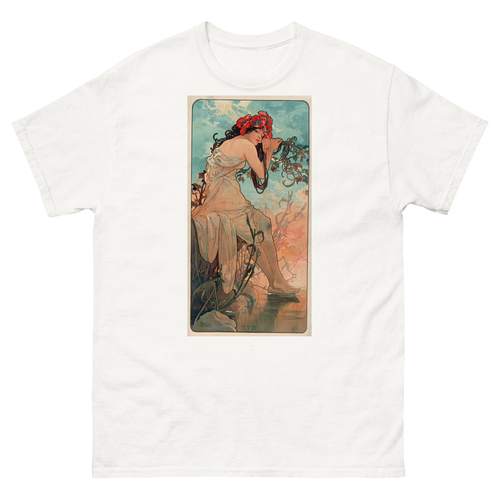 Unisex classic tee featuring Mucha's Art Nouveau Été Summer decorative panel with female figure