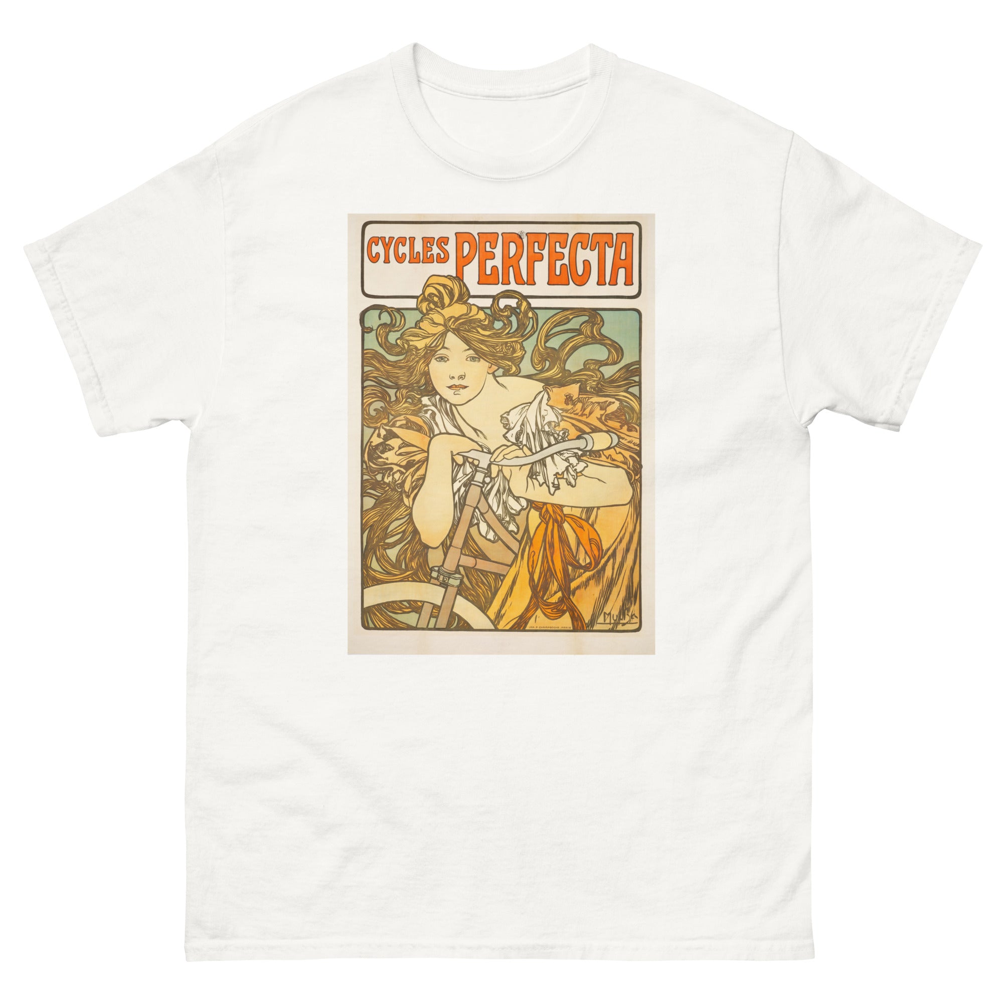Unisex classic tee featuring Mucha's Art Nouveau Cycles Perfecta bicycle advertising poster