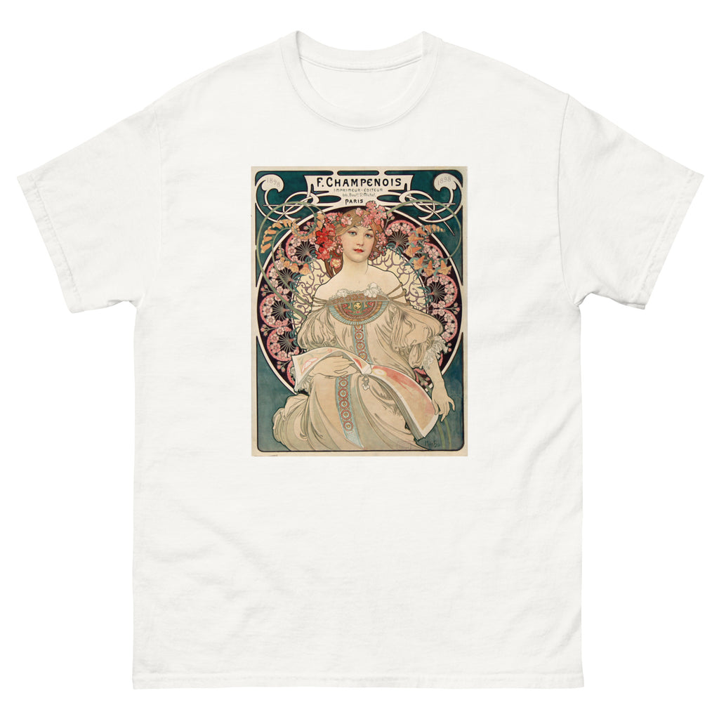 Unisex classic tee featuring Mucha's Art Nouveau Champenois decorative poster with female figure
