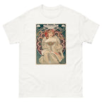 Unisex classic tee featuring Mucha's Art Nouveau Champenois decorative poster with female figure