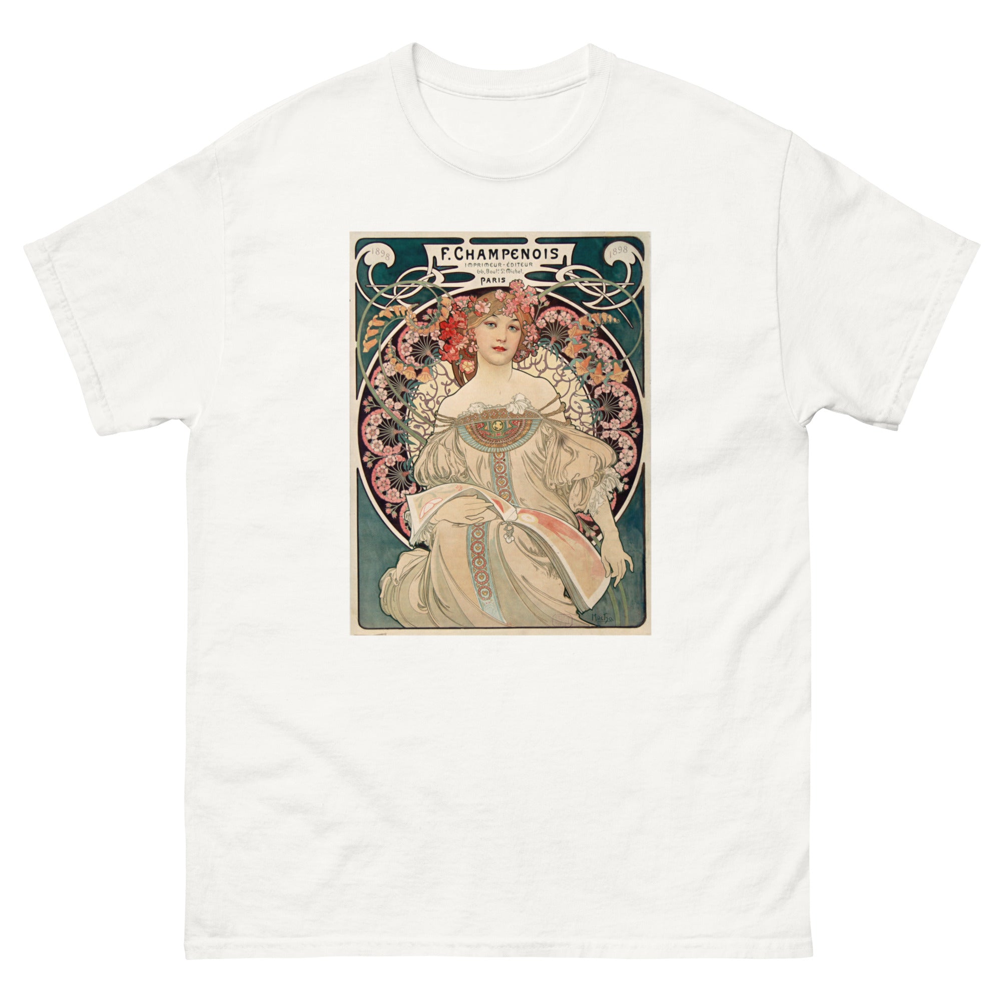 Unisex classic tee featuring Mucha's Art Nouveau Champenois decorative poster with female figure