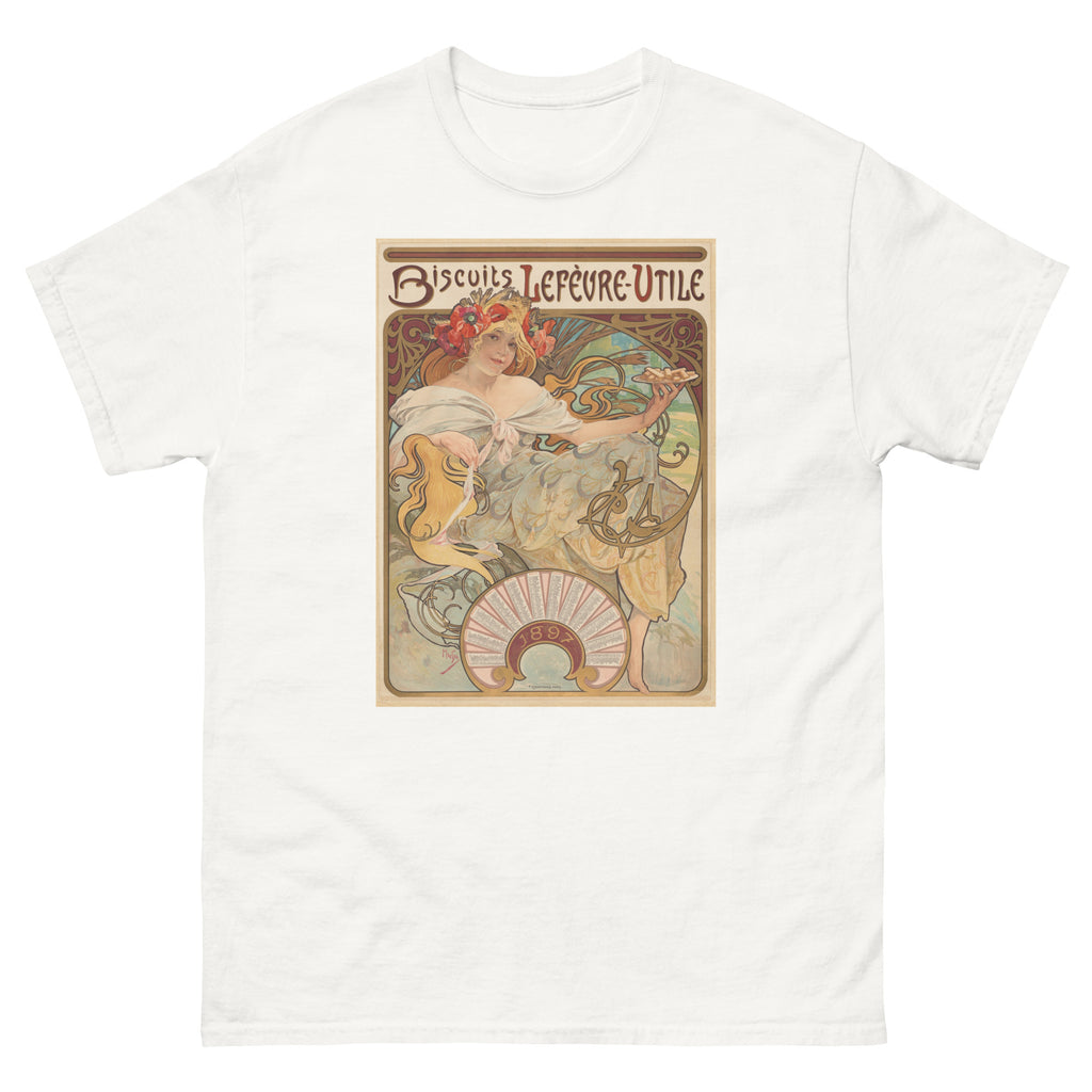 Unisex classic tee featuring Mucha's Art Nouveau Biscuits Lefèvre-Utile biscuit advertising poster