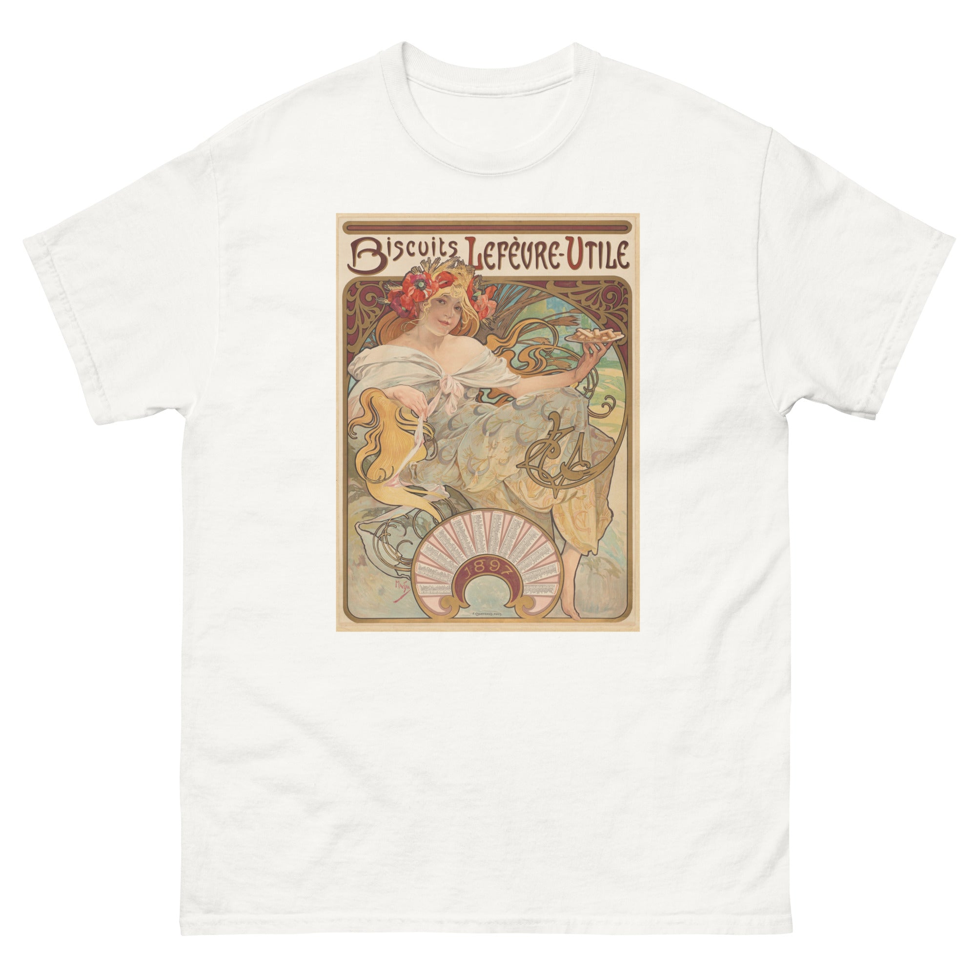 Unisex classic tee featuring Mucha's Art Nouveau Biscuits Lefèvre-Utile biscuit advertising poster