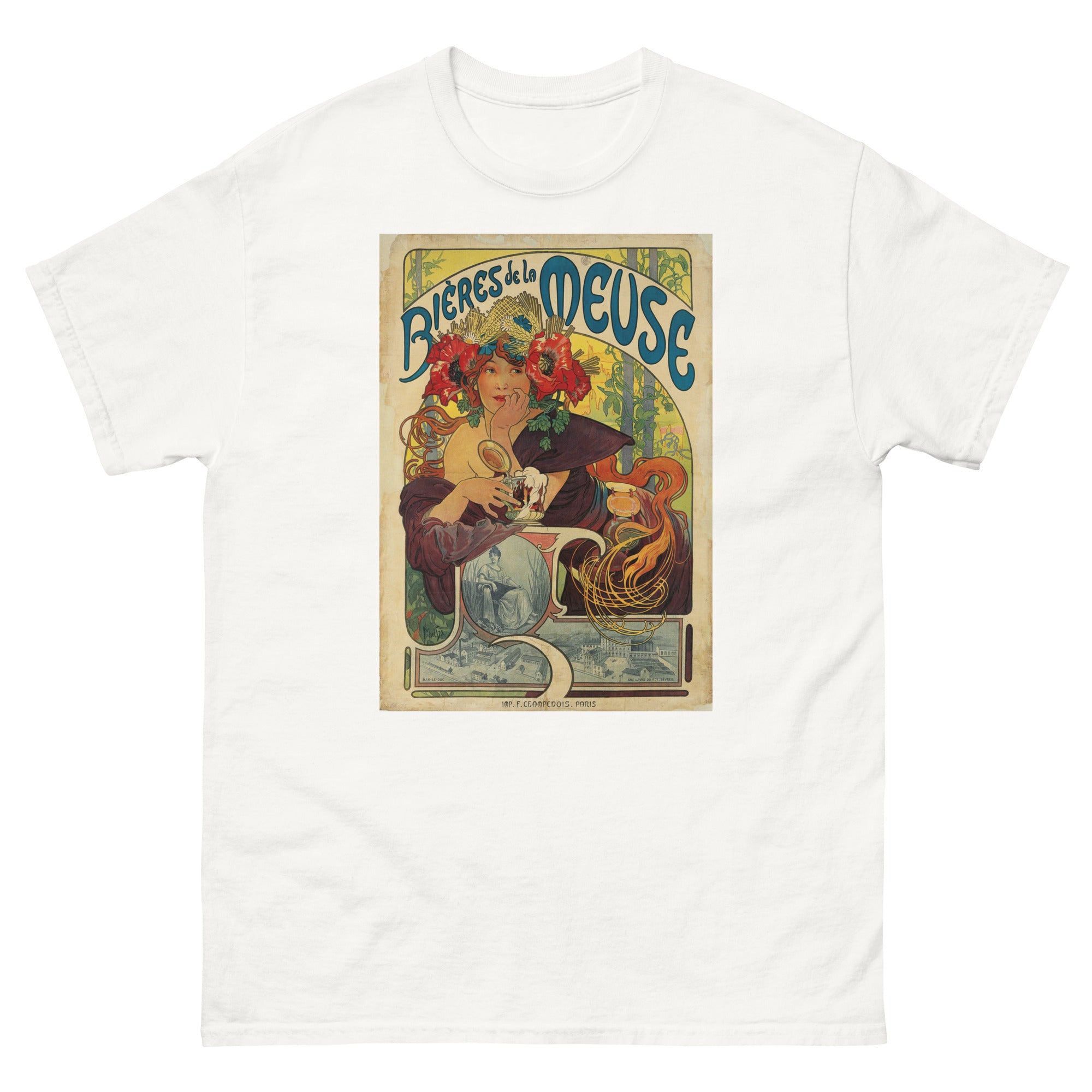Unisex classic tee featuring Mucha's Art Nouveau Bières de la Meuse beer advertising poster