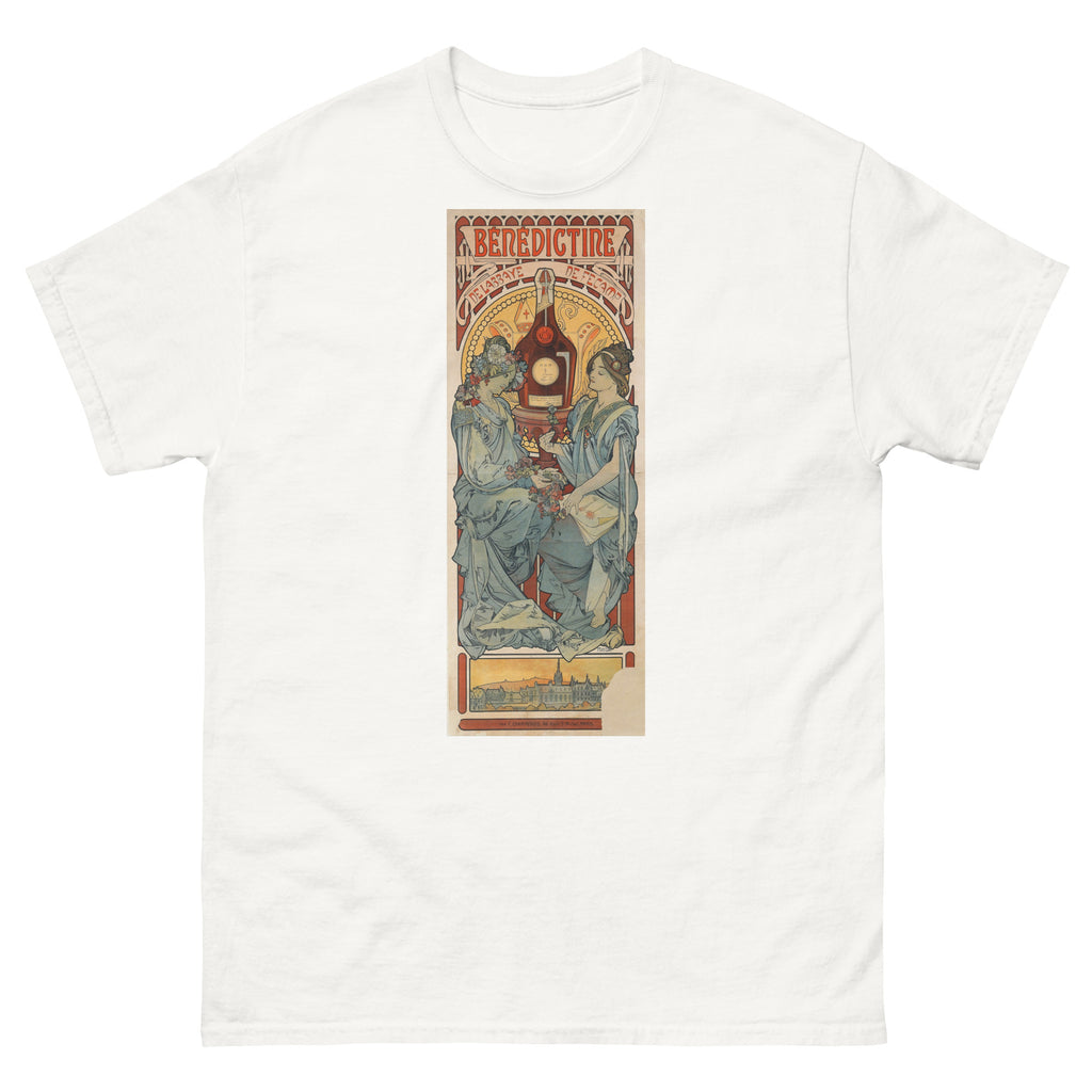 Unisex classic tee featuring Mucha's Art Nouveau Bénédictine liqueur advertising poster