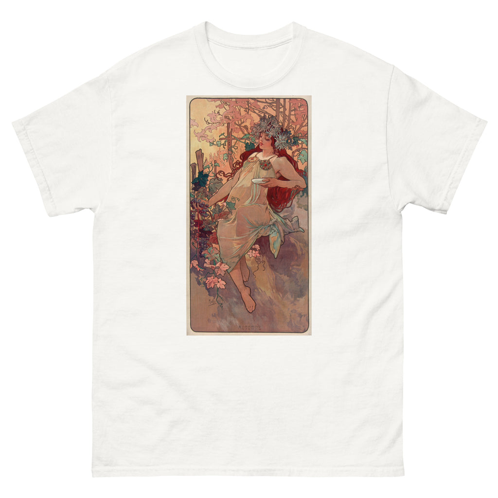 Unisex classic tee featuring Mucha's Art Nouveau Autumn decorative panel with female figure