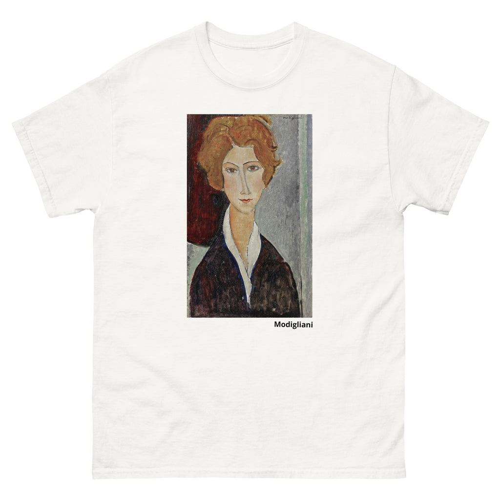 Unisex classic tee featuring Modigliani's elongated expressionist portrait of a woman
