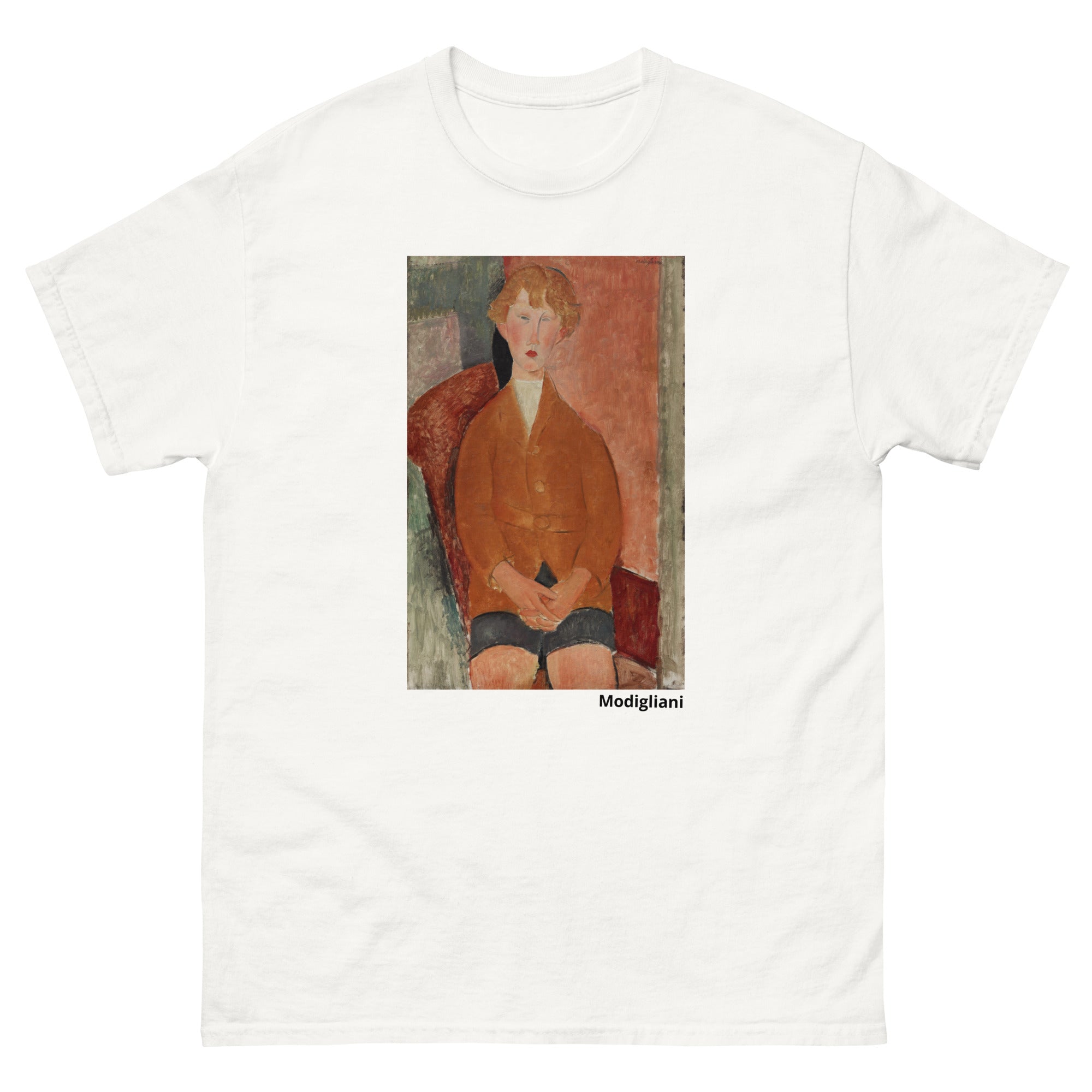 Unisex classic tee featuring Modigliani's expressionist portrait of a young boy in short pants