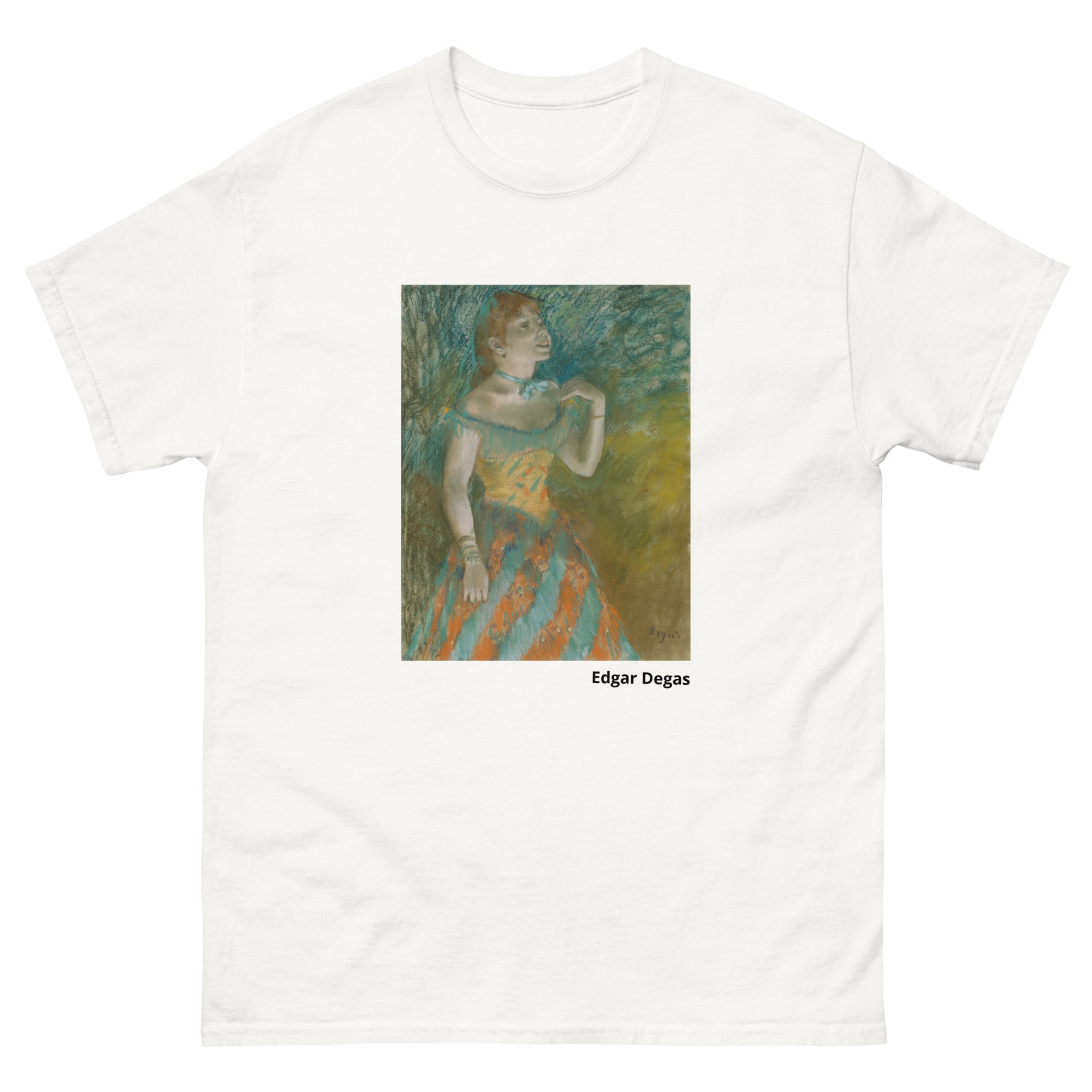Unisex classic tee featuring Degas's impressionist painting of a cabaret singer in green dress