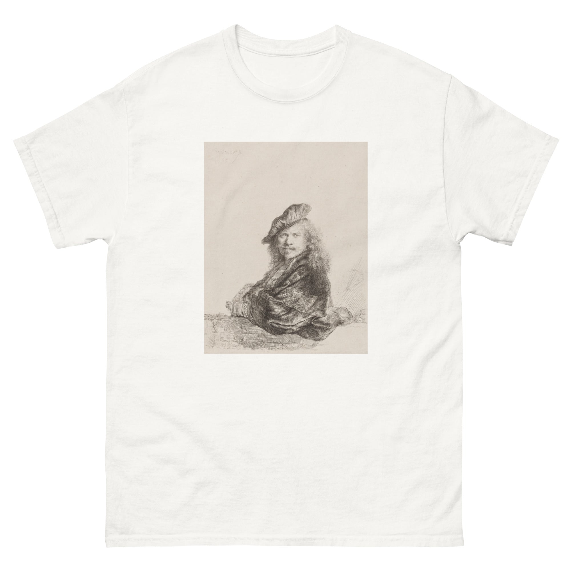 Unisex classic tee featuring Rembrandt's self-portrait sketch rendered in expressive drawing style