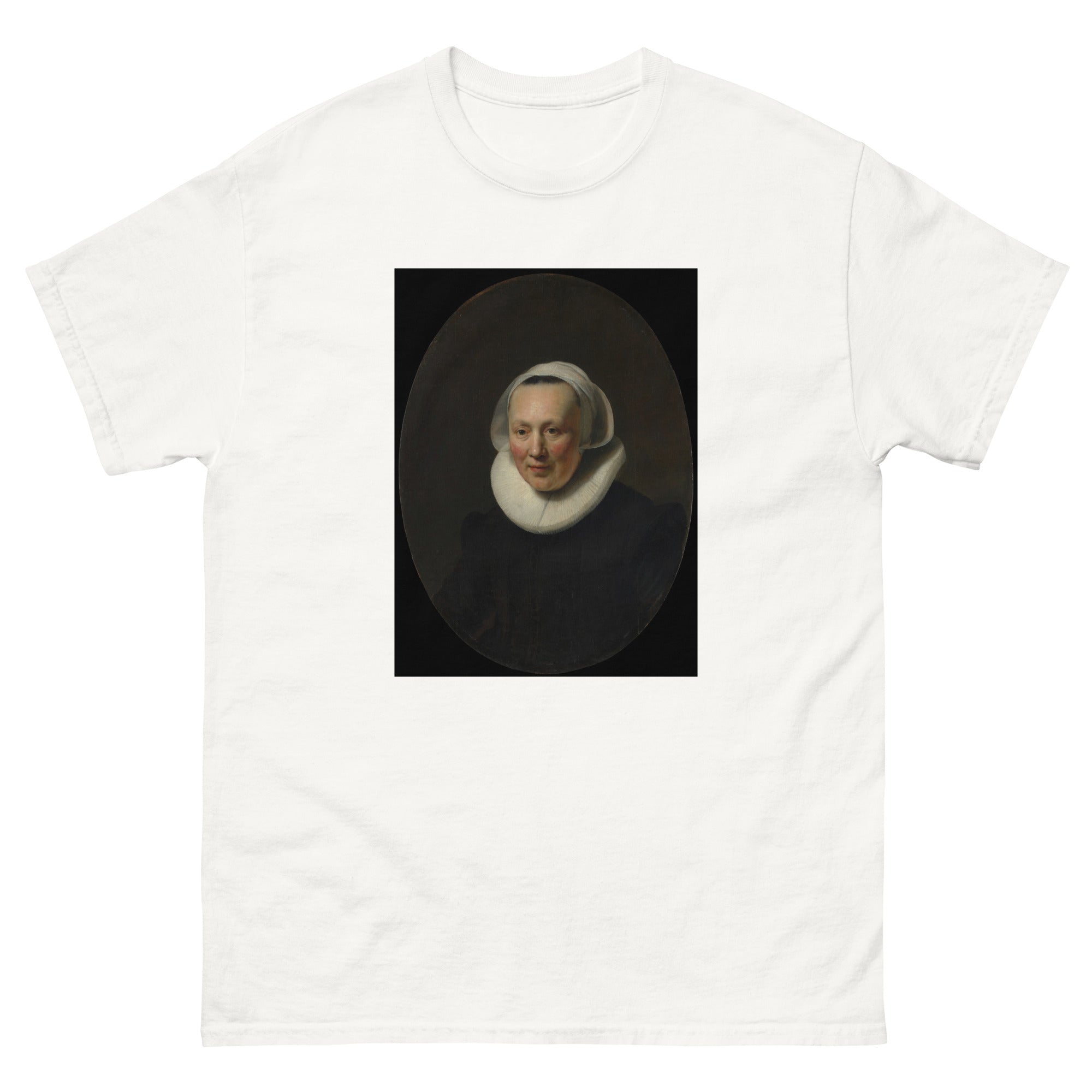 Unisex classic tee featuring Rembrandt's dramatic baroque portrait of an elegantly dressed woman
