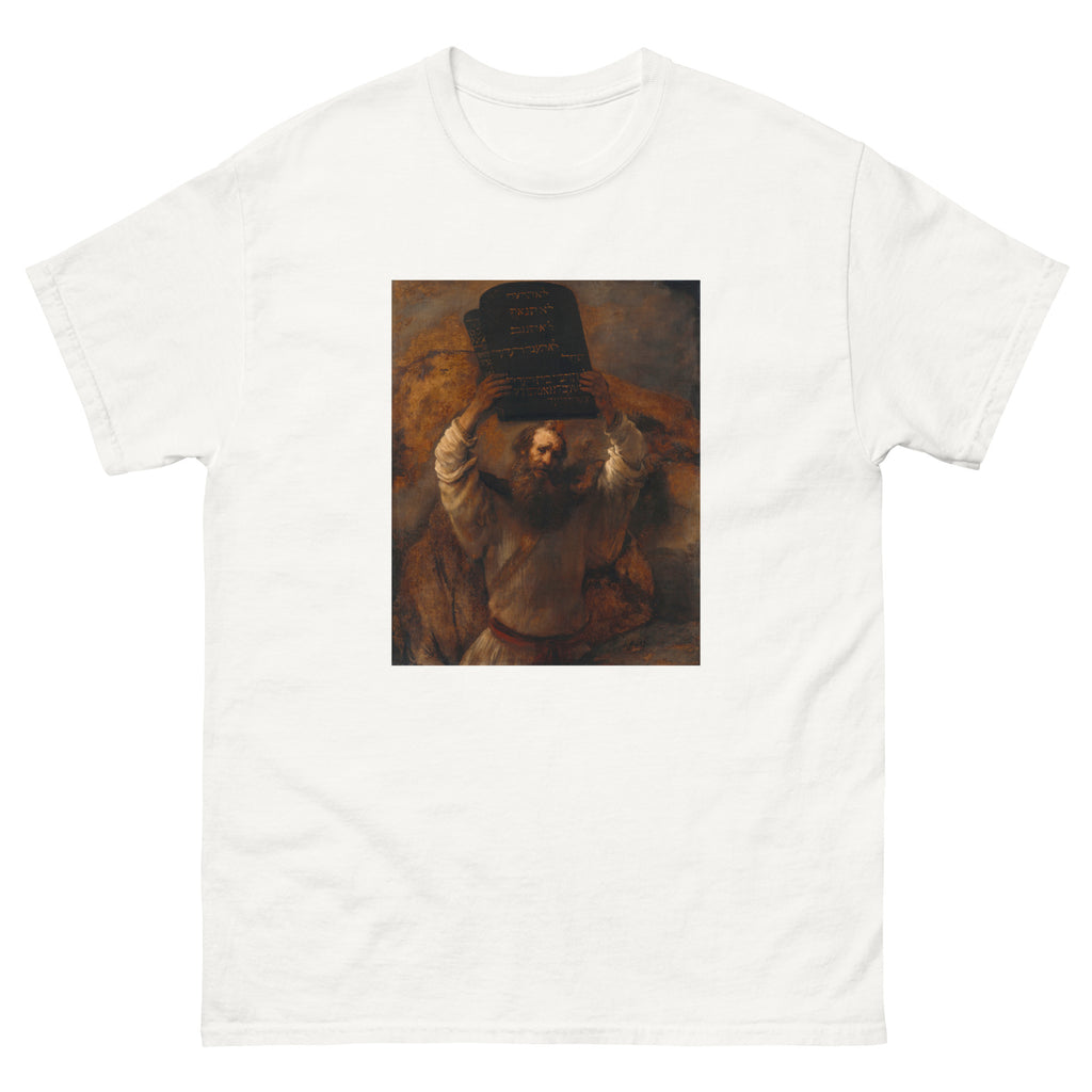 Unisex classic tee featuring Rembrandt's dramatic painting of Moses smashing the stone tablets