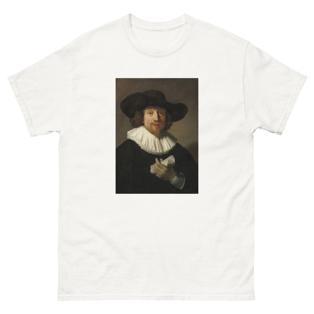 Unisex classic tee featuring Rembrandt's portrait of a man holding a sheet of music