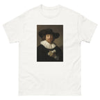 Unisex classic tee featuring Rembrandt's portrait of a man holding a sheet of music