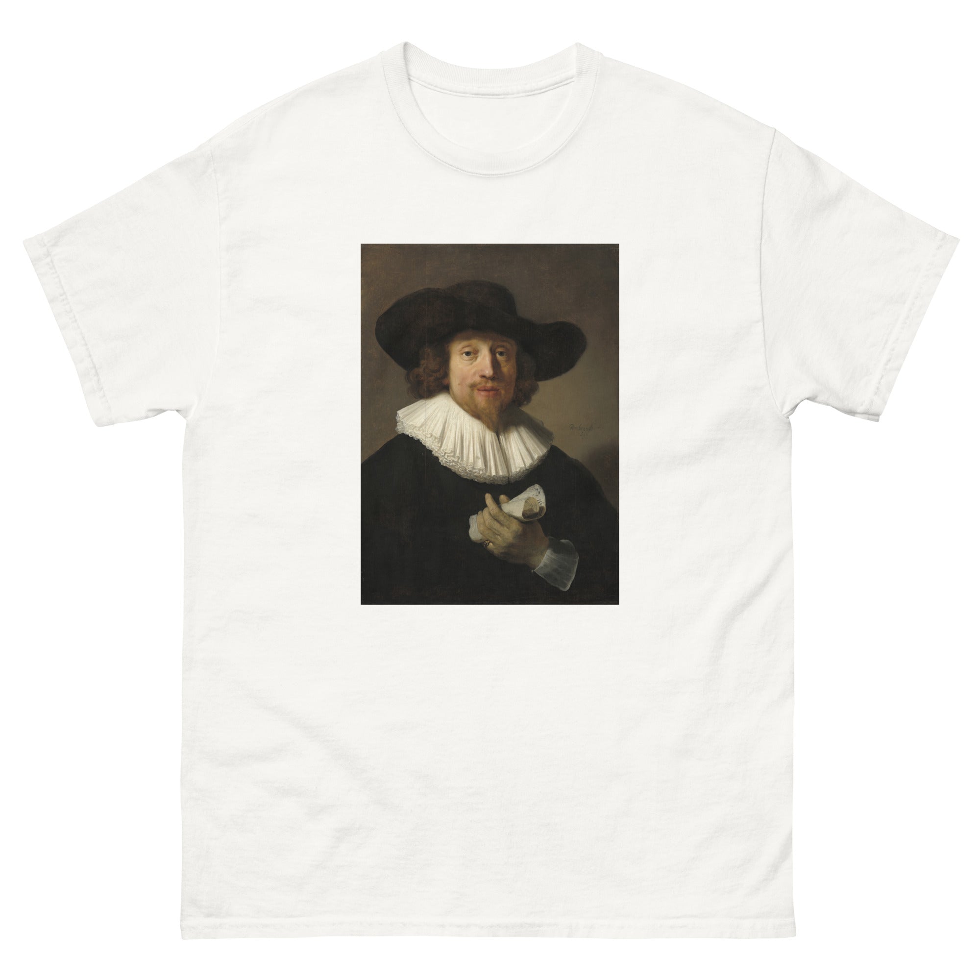 Unisex classic tee featuring Rembrandt's portrait of a man holding a sheet of music